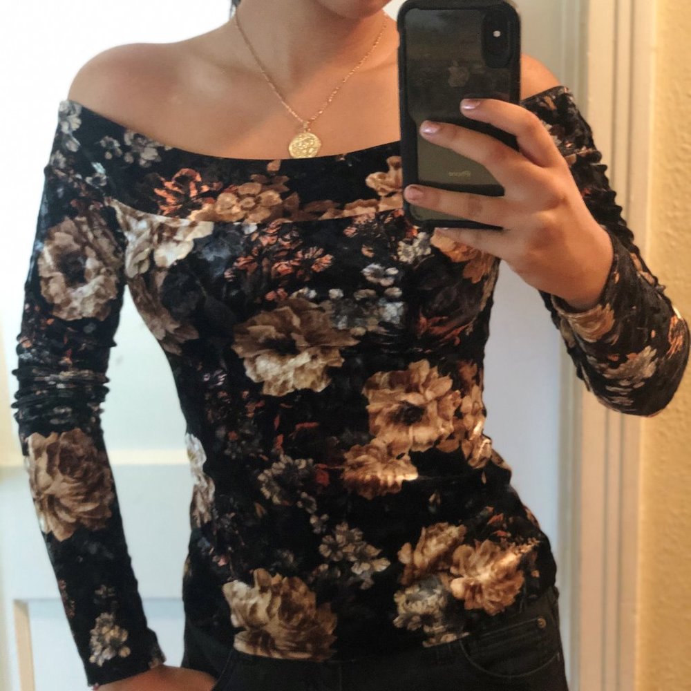 Over-the-Shoulder Velvet Floral Blouse
